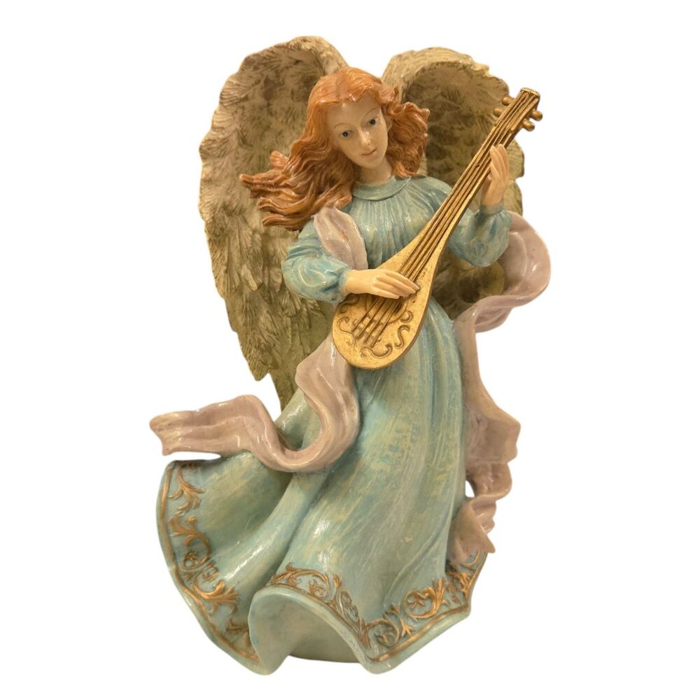 Angel Figurine Playing Mandolin Guitar Flowing Dress Wings 8 Inch